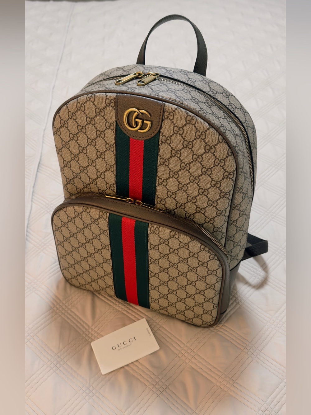 Beige Canvas Gucci logo Backpack with Green-Red Stripe and Gold Hardware Brown